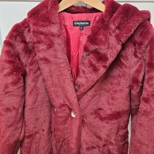 EllyBazar Women's Plush Red Pea Coat Maroon Faux Fur Size Lg Long Hooded
